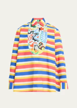 Rianna + NinaTropica Striped Cotton Bib-Front Collared Shirt