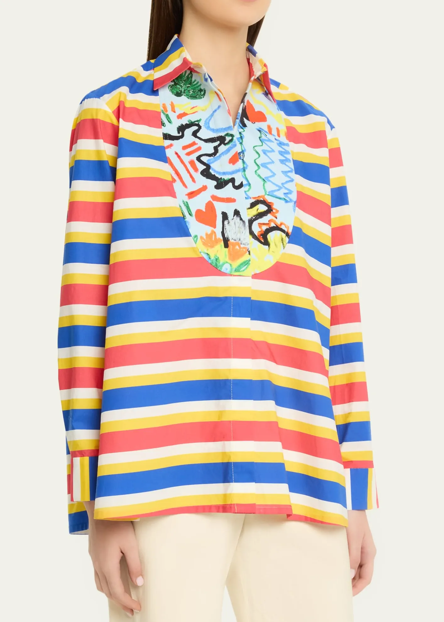 Rianna + NinaTropica Striped Cotton Bib-Front Collared Shirt