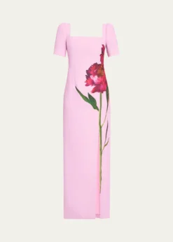 Rickie Freeman for Teri JonBeaded Floral-Print Crepe Column Gown