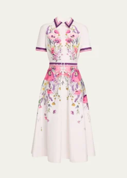 Rickie Freeman for Teri JonBelted Floral-Print Cotton Midi Shirtdress