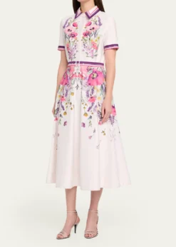 Rickie Freeman for Teri JonBelted Floral-Print Cotton Midi Shirtdress
