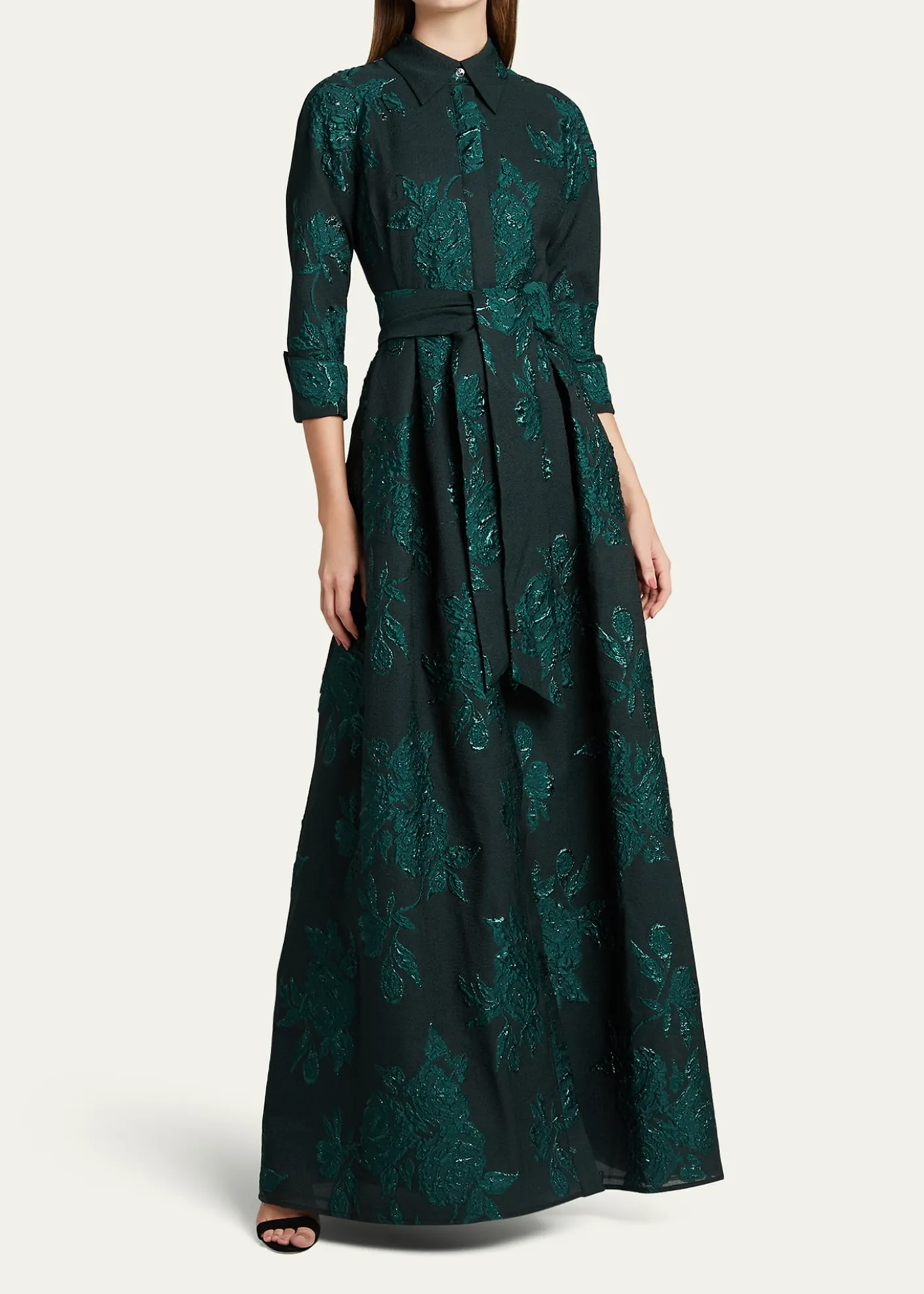 Rickie Freeman for Teri JonBelted Jacquard Shirtdress Gown