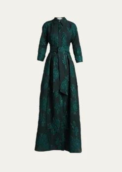 Rickie Freeman for Teri JonBelted Jacquard Shirtdress Gown