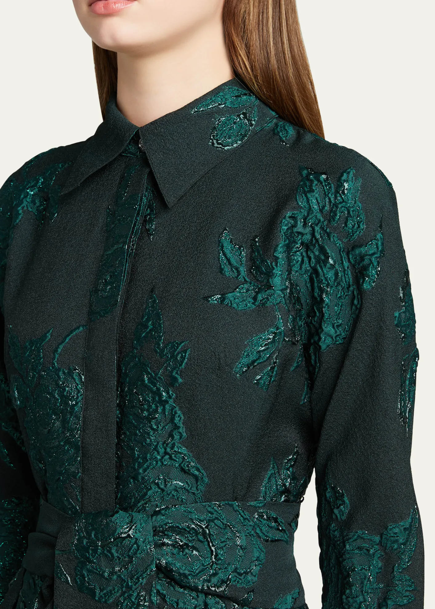 Rickie Freeman for Teri JonBelted Jacquard Shirtdress Gown