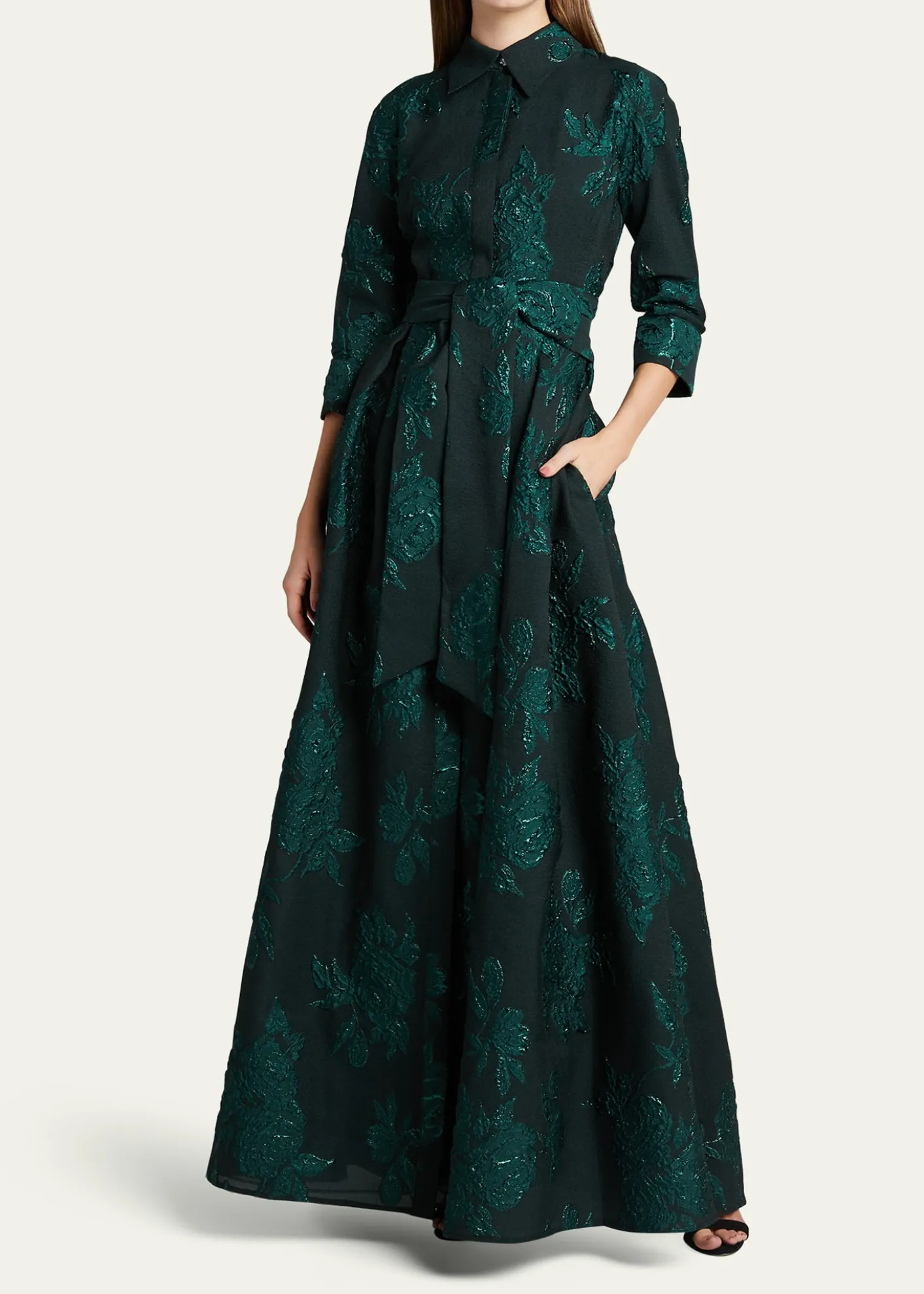 Rickie Freeman for Teri JonBelted Jacquard Shirtdress Gown