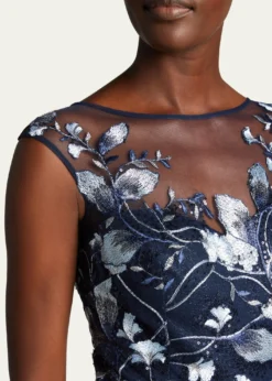 Rickie Freeman for Teri JonCap-Sleeve Embroidered Tulle A-Line Gown