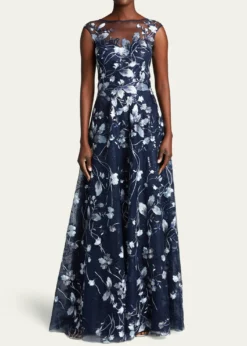 Rickie Freeman for Teri JonCap-Sleeve Embroidered Tulle A-Line Gown