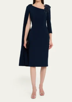 Rickie Freeman for Teri JonCape-Sleeve Crepe Midi Dress