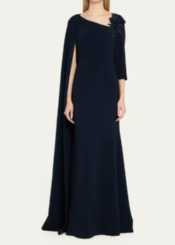 Rickie Freeman for Teri JonCape-Sleeve Floral Applique Trumpet Gown