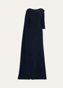 Rickie Freeman for Teri JonCape-Sleeve Floral Applique Trumpet Gown