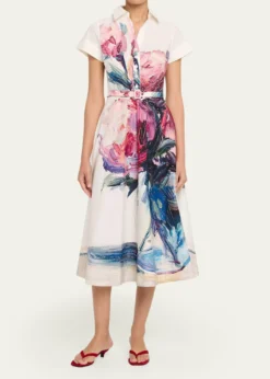 Rickie Freeman for Teri JonCotton Floral Short-Sleeve Shirtwaist Dress