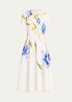 Rickie Freeman for Teri JonCotton Floral Print Short-Sleeve Midi Dress