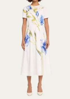 Rickie Freeman for Teri JonCotton Floral Print Short-Sleeve Midi Dress