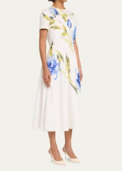Rickie Freeman for Teri JonCotton Floral Print Short-Sleeve Midi Dress