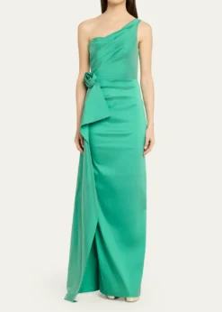 Rickie Freeman for Teri JonDraped One-Shoulder Taffeta Column Gown