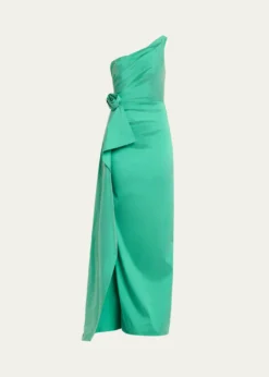 Rickie Freeman for Teri JonDraped One-Shoulder Taffeta Column Gown