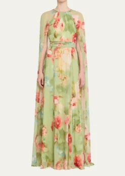 Rickie Freeman for Teri JonFloral-Print Chiffon Cape Gown