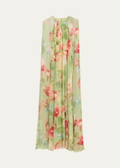 Rickie Freeman for Teri JonFloral-Print Chiffon Cape Gown