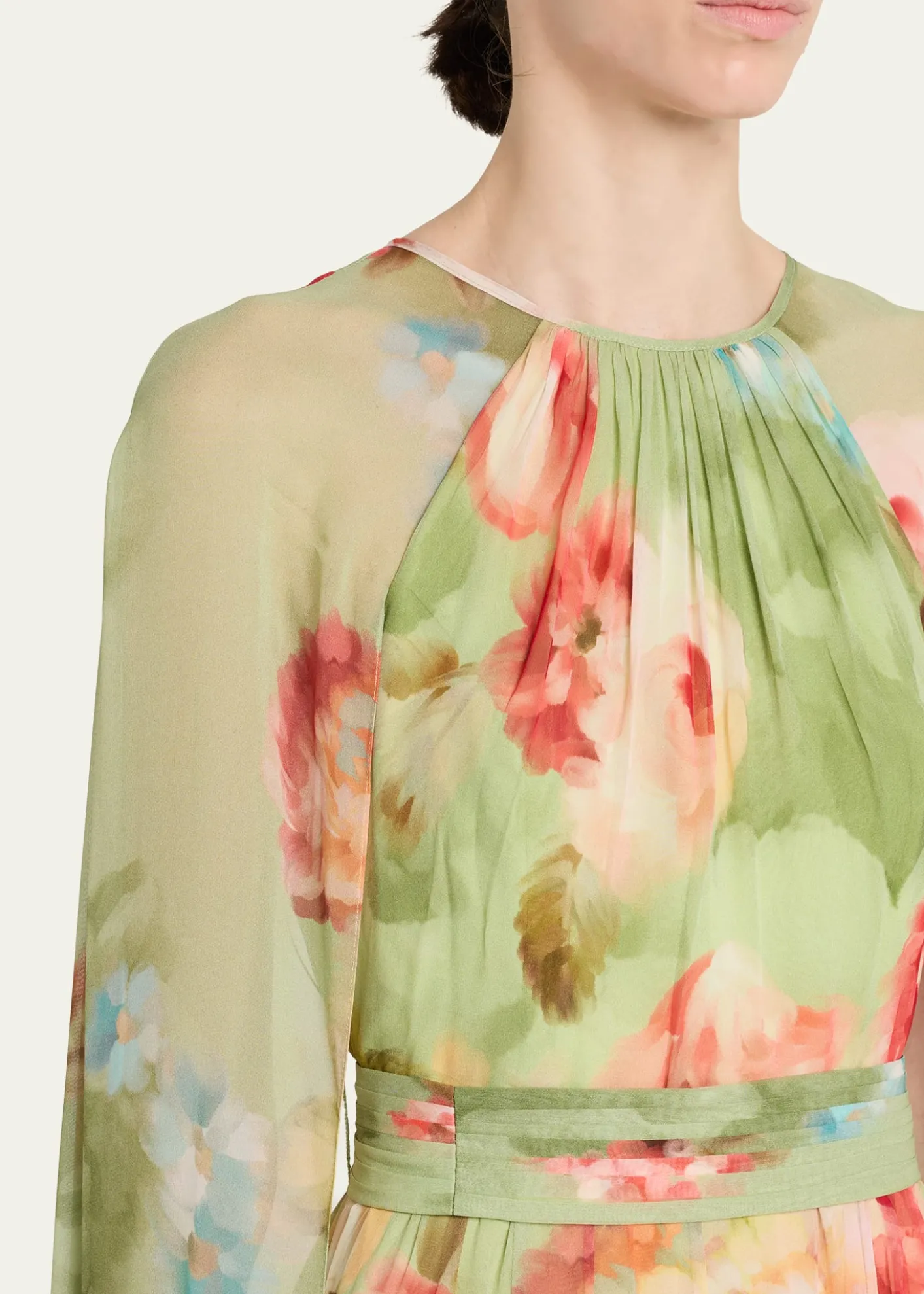 Rickie Freeman for Teri JonFloral-Print Chiffon Cape Gown