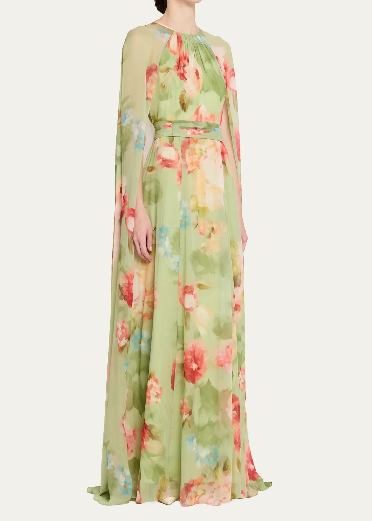 Rickie Freeman for Teri JonFloral-Print Chiffon Cape Gown