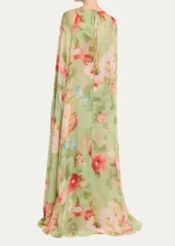 Rickie Freeman for Teri JonFloral-Print Chiffon Cape Gown