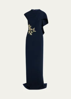 Rickie Freeman for Teri JonFloral-Embroidered Asymmetric Capelet Gown