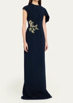 Rickie Freeman for Teri JonFloral-Embroidered Asymmetric Capelet Gown