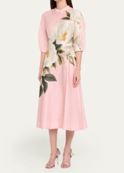 Rickie Freeman for Teri JonFloral-Print Cotton Midi Shirtdress