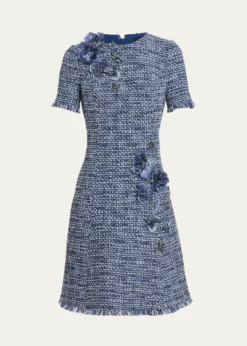 Rickie Freeman for Teri JonFloral Tweed Short-Sleeve Dress