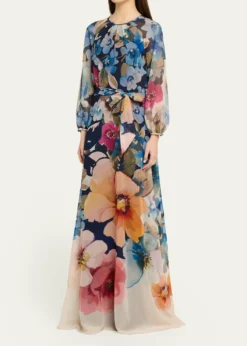 Rickie Freeman for Teri JonFloral-Print Chiffon Gown
