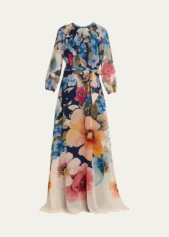 Rickie Freeman for Teri JonFloral-Print Chiffon Gown