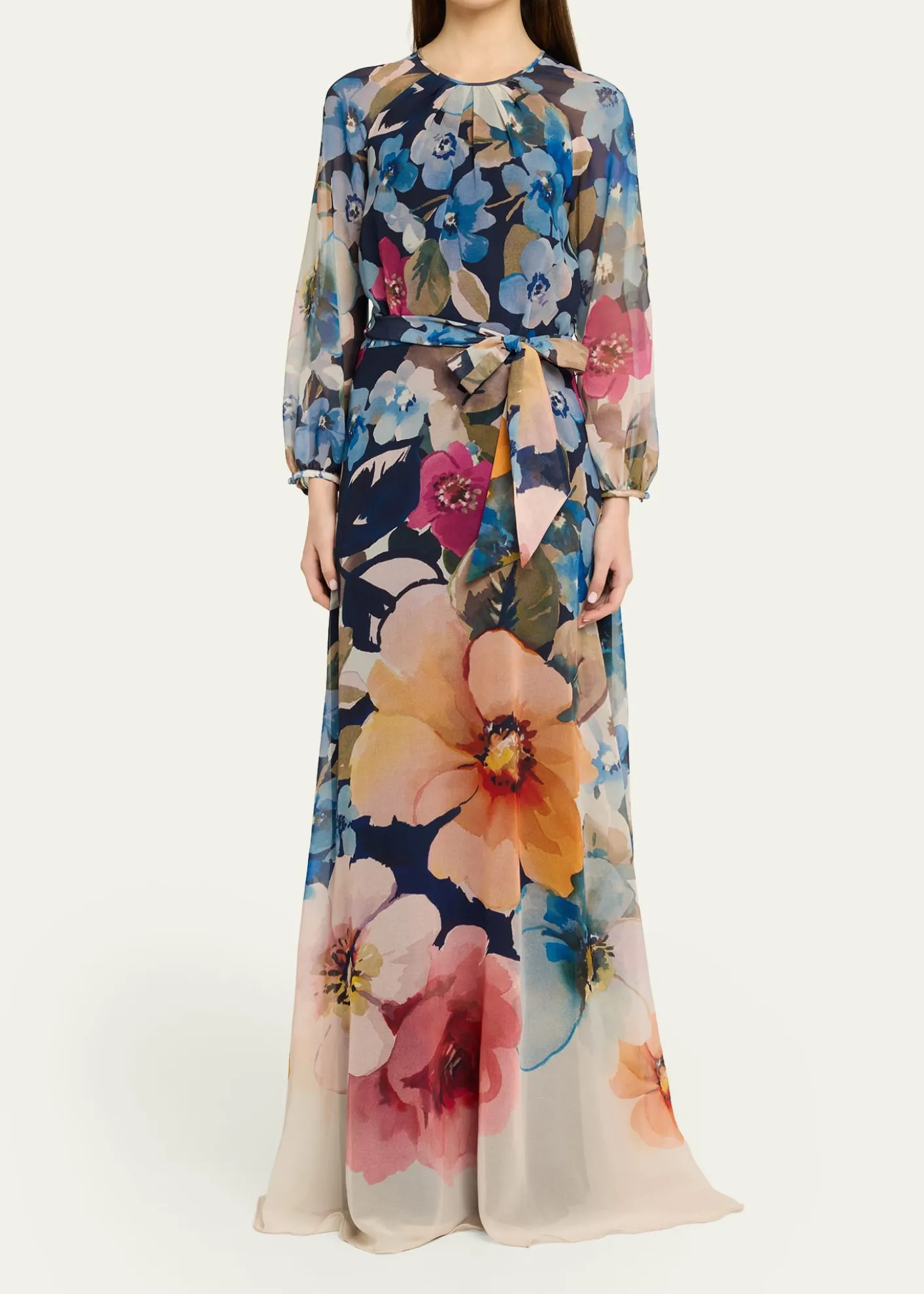 Rickie Freeman for Teri JonFloral-Print Chiffon Gown