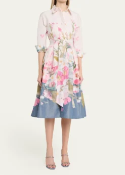 Rickie Freeman for Teri JonFloral-Print Taffeta Midi Shirtdress