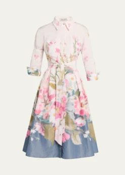 Rickie Freeman for Teri JonFloral-Print Taffeta Midi Shirtdress