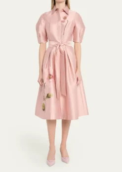 Rickie Freeman for Teri JonFloral-Embroidered Shimmer Jacquard Midi Shirtdress
