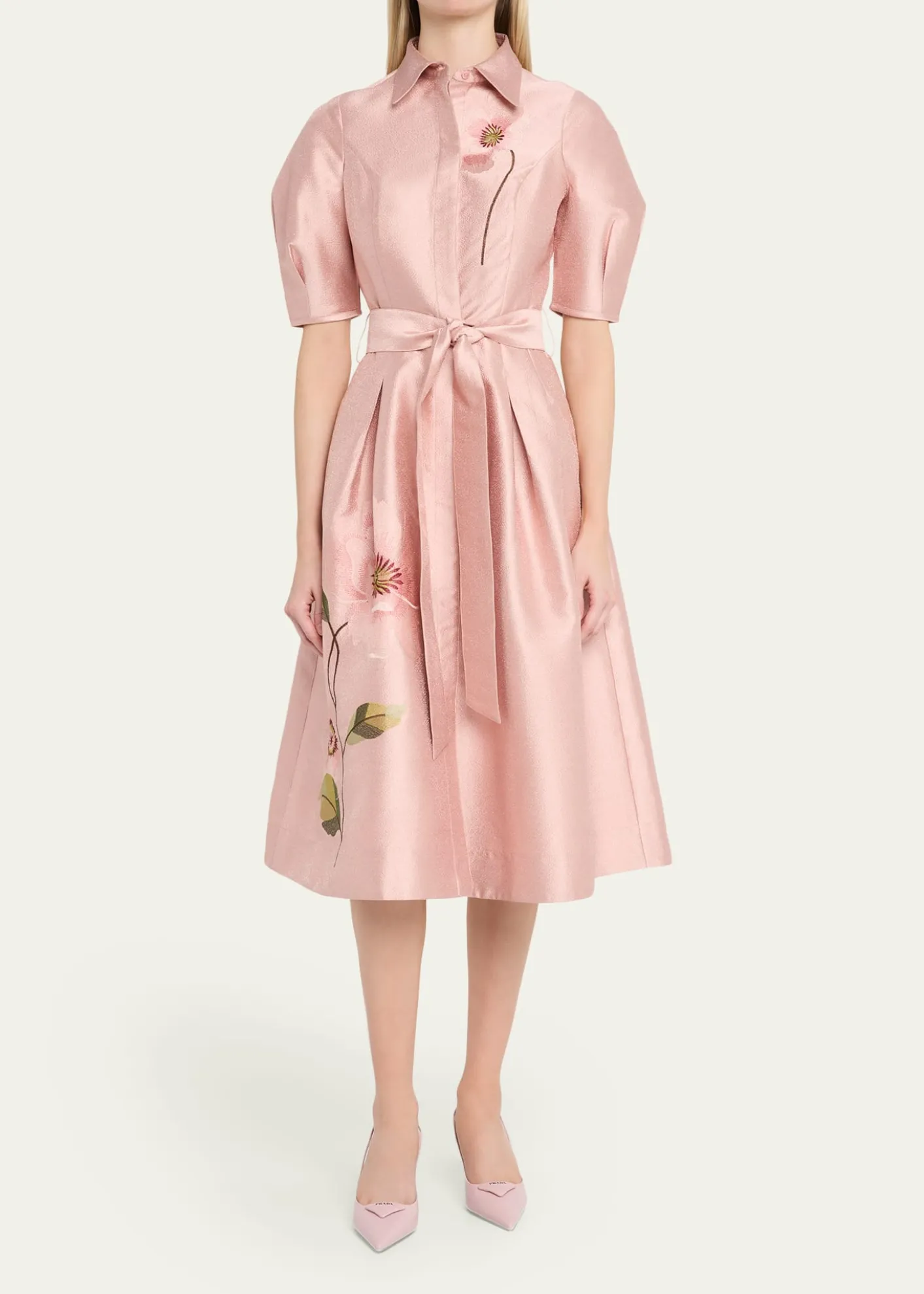 Rickie Freeman for Teri JonFloral-Embroidered Shimmer Jacquard Midi Shirtdress
