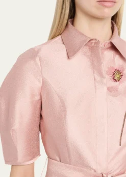 Rickie Freeman for Teri JonFloral-Embroidered Shimmer Jacquard Midi Shirtdress
