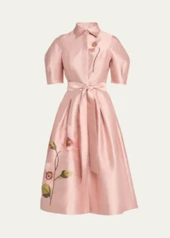 Rickie Freeman for Teri JonFloral-Embroidered Shimmer Jacquard Midi Shirtdress