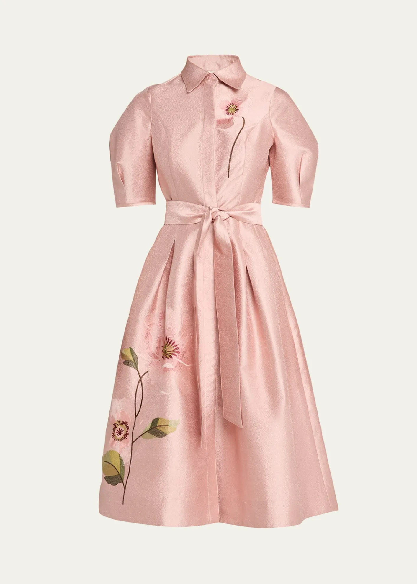 Rickie Freeman for Teri JonFloral-Embroidered Shimmer Jacquard Midi Shirtdress