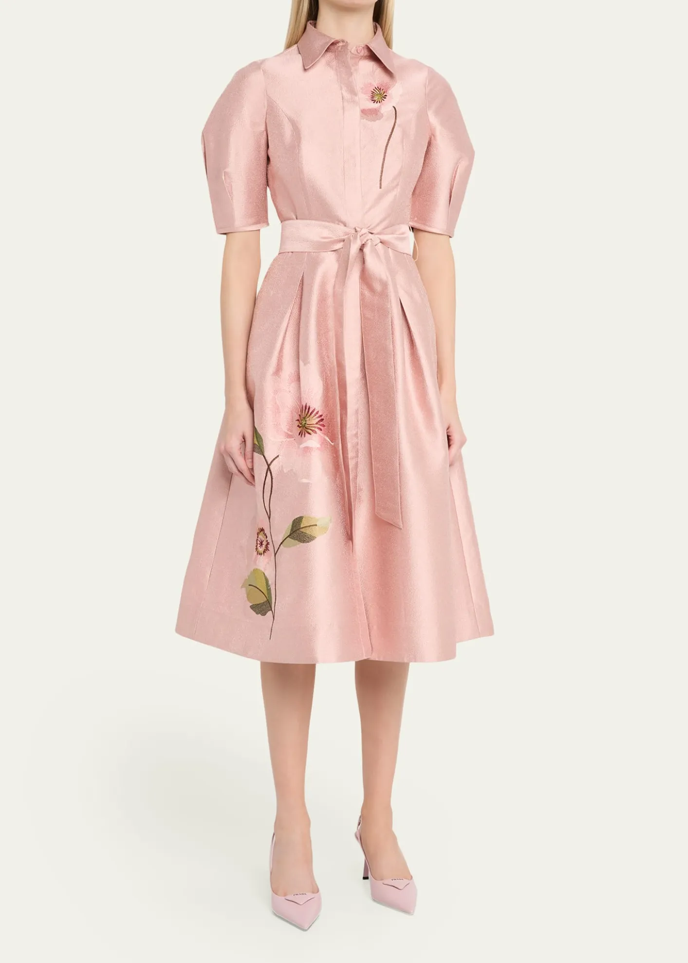 Rickie Freeman for Teri JonFloral-Embroidered Shimmer Jacquard Midi Shirtdress