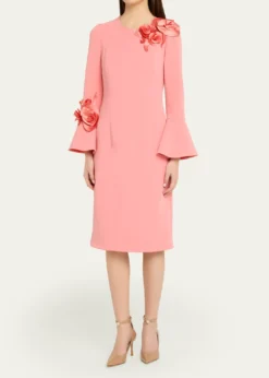 Rickie Freeman for Teri JonFloral Applique Flare-Cuff Crepe Dress