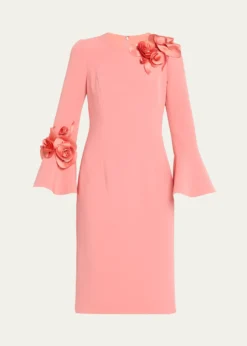 Rickie Freeman for Teri JonFloral Applique Flare-Cuff Crepe Dress