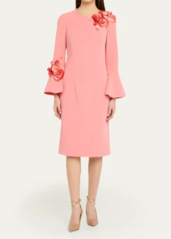 Rickie Freeman for Teri JonFloral Applique Flare-Cuff Crepe Dress