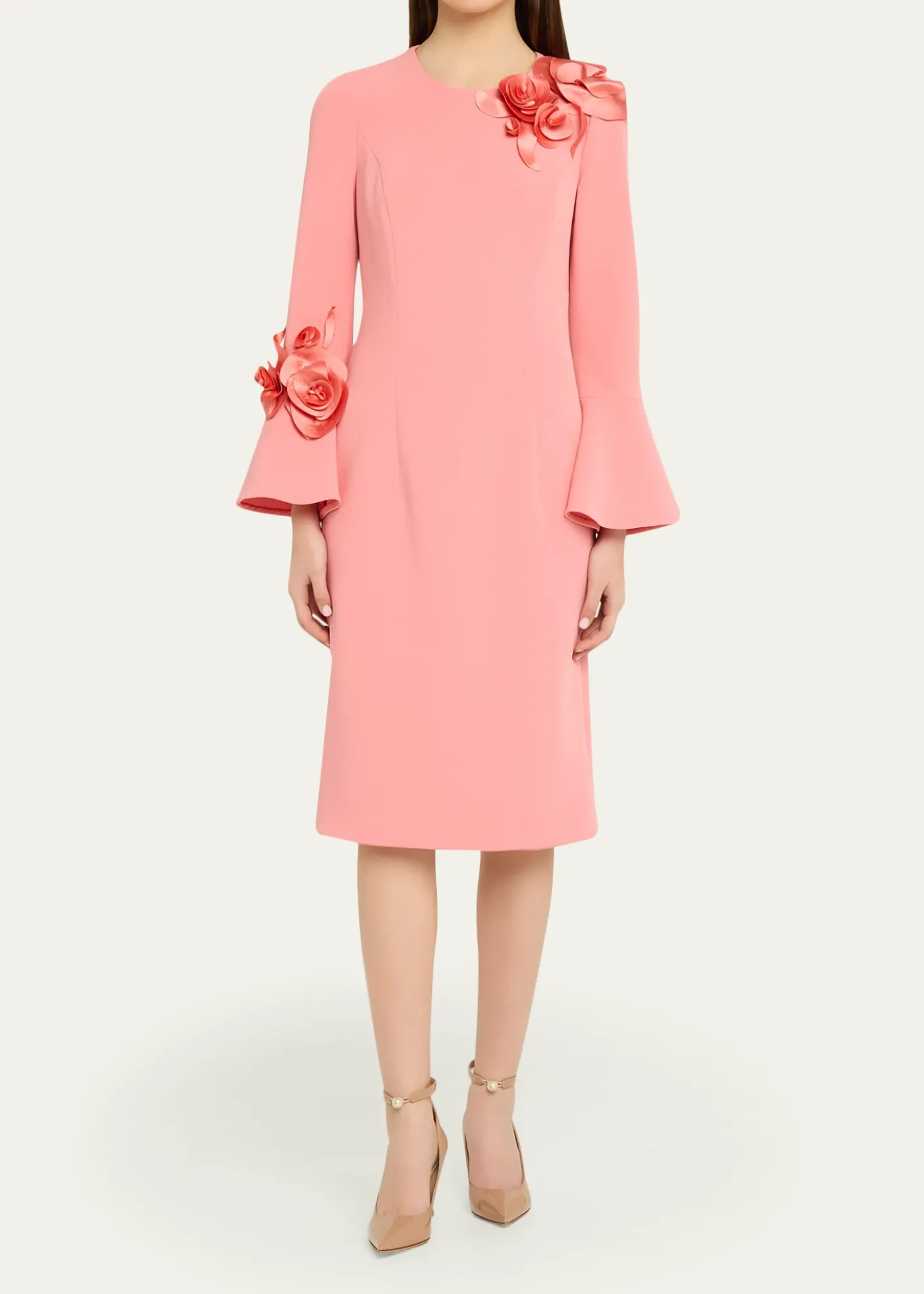 Rickie Freeman for Teri JonFloral Applique Flare-Cuff Crepe Dress