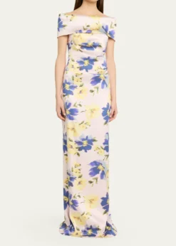 Rickie Freeman for Teri JonFloral-Print Mikado Column Gown