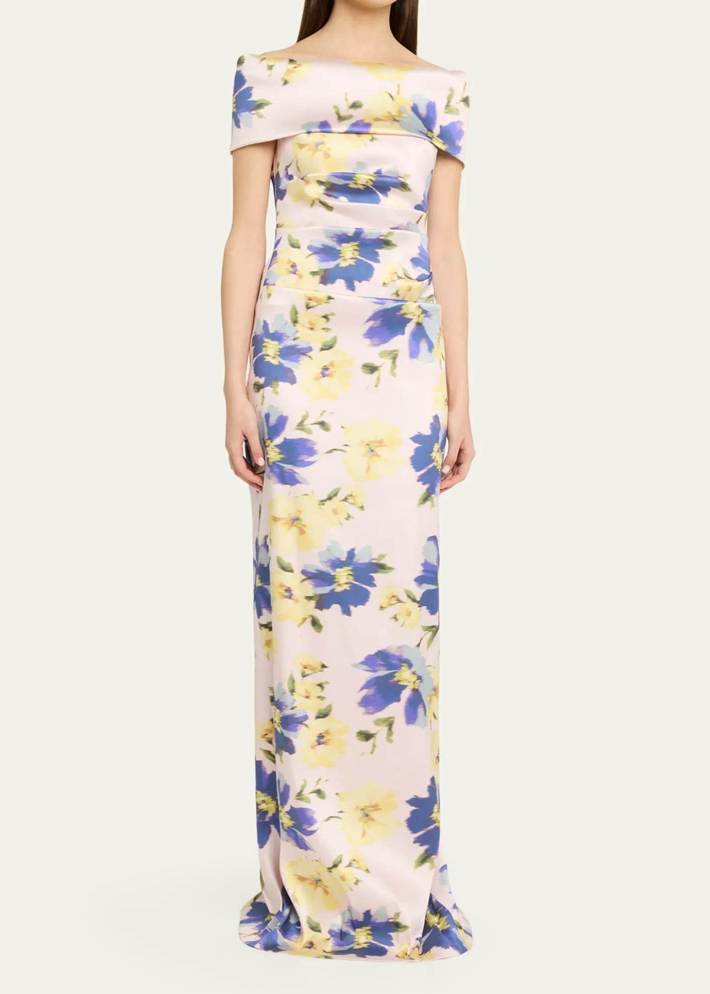 Rickie Freeman for Teri JonFloral-Print Mikado Column Gown