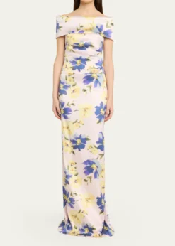 Rickie Freeman for Teri JonFloral-Print Mikado Column Gown