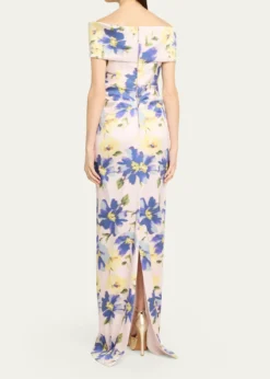 Rickie Freeman for Teri JonFloral-Print Mikado Column Gown