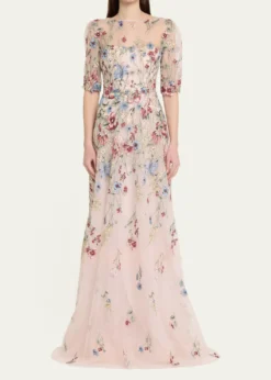 Rickie Freeman for Teri JonFloral-Embroidered Illusion Tulle Gown