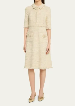 Rickie Freeman for Teri JonFringe-Trim Metallic Tweed Dress